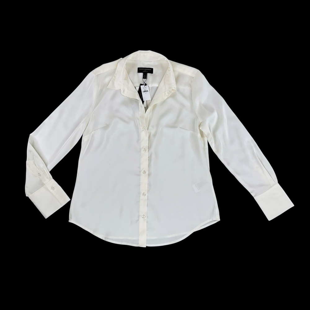 Banana Republic Shirt Women Small Ivory Long Sleeve Button Down Collar Satin NWT